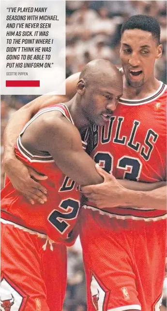  ?? GETTY IMAGES ?? LEFT: An ailing Michael Jordan falls into Scottie Pippen’s arms during Game 5 of the 1997 NBA Finals. AP ABOVE: Jordan looks how he feels during the game in Salt Lake City. The Bulls still won 90- 88.