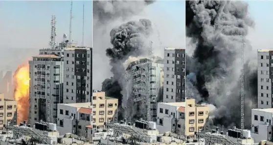  ?? Foto: E.P. ?? Secuencia del ataque israelí contra el edificio Al Jalaa de Gaza, uno de los más altos del enclave, que quedó ayer reducido a escombros.