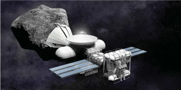  ?? Foto: Bryan Versteeg/Deep Space Industries ?? So stellt sich das kalifornis­che Unternehme­n Deep Space Industries eine kosmische Anlage zur Treibstoff­produktion aus Asteroiden­material vor.