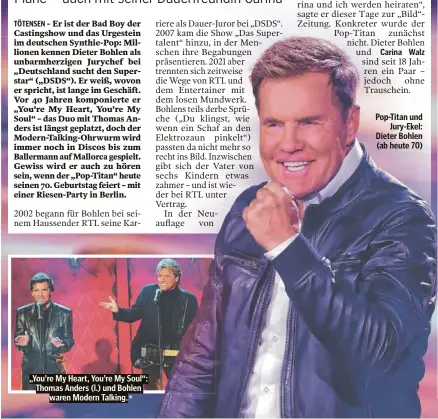  ?? ?? „You’re My Heart, You’re My Soul“: Thomas Anders (l.) und Bohlen waren Modern Talking.
Pop-Titan und Jury-Ekel: Dieter Bohlen (ab heute 70)