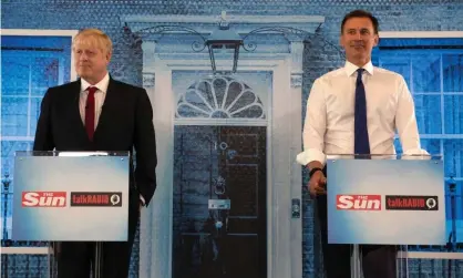  ??  ?? Boris Johnson and Jeremy Hunt at a hustings hosted by the Sun/Talk Radio in London on Monday. Photograph: Louis Wood/The Sun/EPA