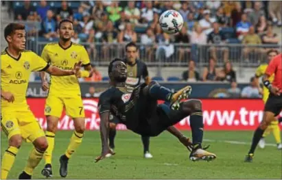  ?? MICHAEL REEVES — FOR DIGITAL FIRST MEDIA ?? The Union’s CJ Sapong shows off some of his skills during Wednesday’s 3-0 dismantlin­g of Columbus at Talen Energy Stadium.