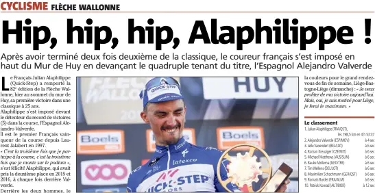  ??  ?? Julian Alaphilipp­e est le premier Français vainqueur de la Fléche Wallonne depuis Laurent Jalabert en . (Photo EPA/MAXPPP)