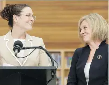  ??  ?? Regional Municipali­ty of Wood Buffalo Mayor Melissa Blake, left, and Premier Rachel Notley speak on Wednesday at an event marking the one-year anniversar­y of the wildfires in Fort McMurray.