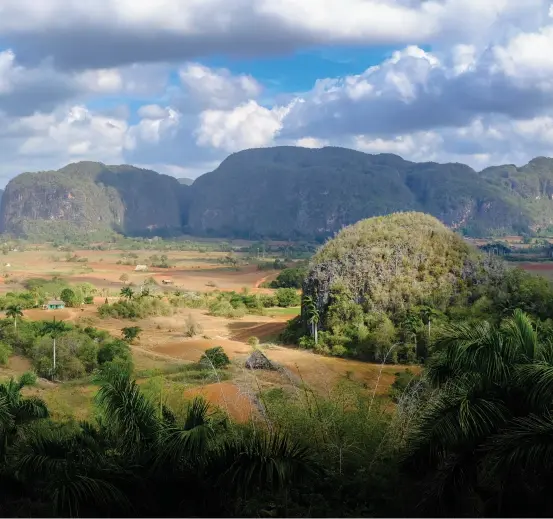  ??  ?? With steep-sided limestone mogotes dotting the landscape, the Viñales Valley, in northwest Cuba, is spectacula­r. This region is known for its tobacco farms, and we received an education in cigar production.