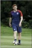  ??  ?? United States’ Josh Sargent passes the ball during soccer practice at the University of Pennsylvan­ia in Philadelph­ia, Wednesday, May 23, 2018. (AP Photo/