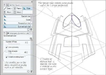  ??  ?? The Special ruler creates curve guides – useful for fish-eye perspectiv­e. If ‘Create at editing level’ is selected, the ruler is created in the current layer. This enables you to lay down consecutiv­e guides with a set rotation.