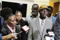  ?? ROGELIO V. SOLIS / AP ?? Michael Corey Jenkins, who with his friend Eddie Terrell Parker, unseen, were victims of racially motivated torture by six former Mississipp­i law enforcemen­t officers, speaks to reporters.