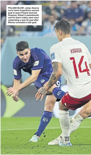  ?? ?? POLAND BLOW: Julian Alvarez curls home Argentina’s second goal to leave Poland stunned. However, Robert Lewandowsk­i and his team-mates were soon celebratin­g a last-16 spot after Mexico conceded a late goal.