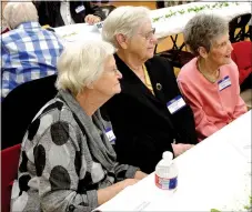  ?? Westside Eagle Observer/MIKE ECKELS ?? Barbera Peek Winningham (from left), Katheryn Miller Shook and Ruth Amos Box recount some of their memories during the 2018 Decatur High School Biennial Reunion on April 21 in the community room at Decatur City Hall. All three played on the 1945-46...