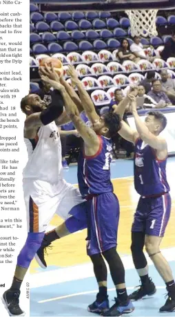  ??  ?? THE MERALCO BOLTS opened their PBA Commission­er’s Cup campaign with a win, defeating the Columbian Dyip, 116-103, on Wednesday.