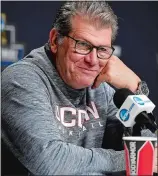  ?? SEAN D. ELLIOT/THE DAY ?? In this March 30, 2019, file photo, UConn coach Geno Auriemma listens to a questions during his press conference at the NCAA Albany Regional at the Times Union Center in Albany, N.Y.