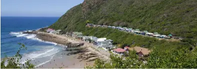  ??  ?? ABOVE The Outeniqua Choo-Tjoe steam train used to run through Vic Bay, hence the name of one of the camp terraces. In the waves, look out for SA’s top female surfer, Bianca Buitendag, who calls this tiny cove home.