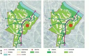  ??  ?? 图 3夷陵大桥延伸段城市­设计示意图图 4夷陵大桥桥头视域景­观模拟图图 5空间结构对比图
图 6土地利用对比图
图 7道路系统对比图
图 8公共设施对比图
图 9绿地景观规划对比图