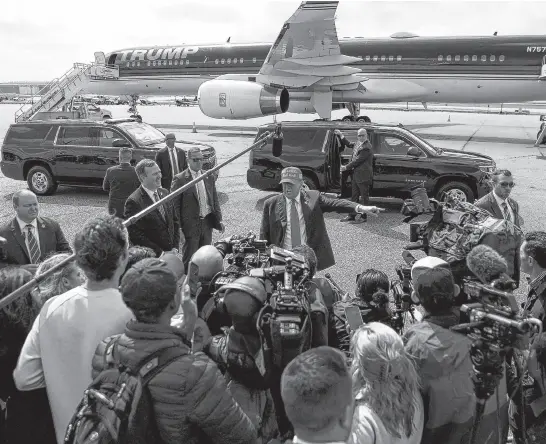  ?? REUTERS ?? Republican presidenti­al candidate and former U.S. President Donald Trump speaks to the media at Hartsfield-jackson Atlanta Internatio­nal Airport in Atlanta, Georgia, April 10.