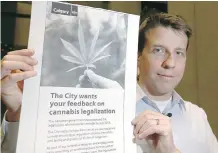  ?? JIMWELLSFI­LES ?? Matt Zabloski, lead for the City of Calgary’s cannabis legalizati­on project, displays a proof for print ad last November. About 32 per cent of respondent­s to the city’s poll believed marijuana use should be treated more like cigarette use.