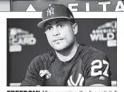  ?? Paul J. Bereswill (2) ?? FREEDOM! After escaping the “negativity” of the Marlins, Giancarlo Stanton is set to make his first appearance in the playoffs in Wednesday’s wild-card game.