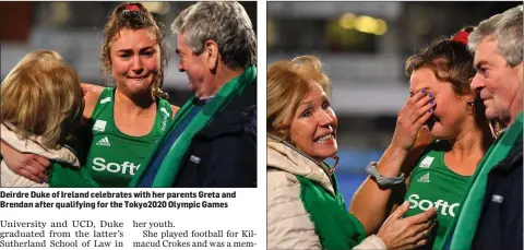  ??  ?? Deirdre Duke of Ireland celebrates with her parents Greta and Brendan after qualifying for the Tokyo2020 Olympic Games