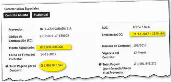  ??  ?? Supersónic­o 2. El 21 de diciembre del 2017, a las 18:54, salió segundo código de contrataci­ón. Ese día se pagaron 600 millones a Intelcan Canadá, empresa del chofer.