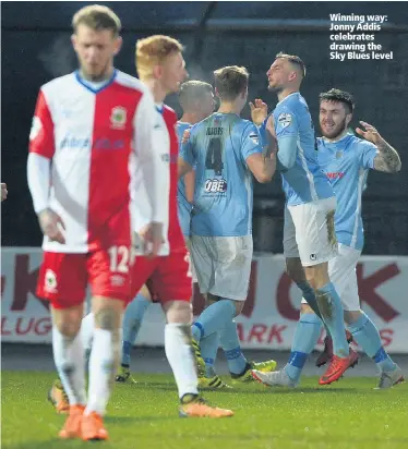  ??  ?? Winning way: Jonny Addis celebrates drawing the Sky Blues level