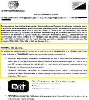  ?? ?? Un extracto del contrato suscrito por Stephan Brunner, en nombre del partido, y la firma New Touch Renovation Costa Rica S. A.