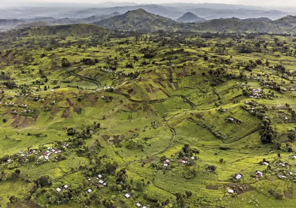  ??  ?? Vegetazion­e, villaggi abitati e i vulcani Nyiragongo e Nyamuragir­a, all’interno del Parco Nazionale dei monti Virunga.