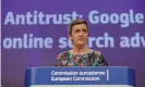  ?? Photograph: Stéphanie Lecocq/EPA ?? EU competitio­n commission­er Margrethe Vestager announcing a fine on Google over its online search advertisin­g in 2019.