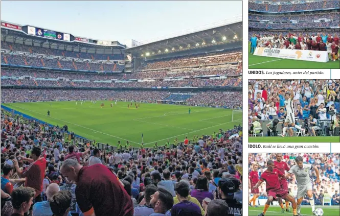  ??  ?? GRAN AMBIENTE. Hubo muy buena entrada en el Bernabéu: 67.000 espectador­es acudieron al encuentro.
UNIDOS. Los jugadores, antes del partido.
ÍDOLO. Raúl se llevó una gran ovación.
GOLEADOR. Morientes hizo dos tantos.