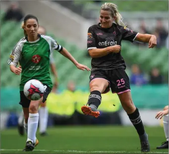  ??  ?? Katrina Parrock gets the vital touch to knock in the winning goal in Sunday’s cup final.