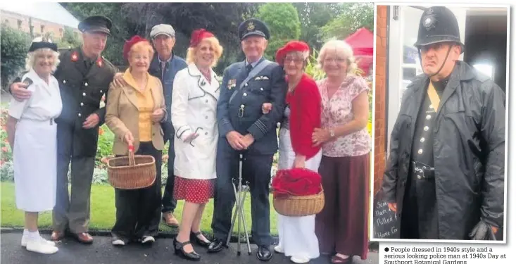  ??  ?? People dressed in 1940s style and a serious looking police man at 1940s Day at Southport Botanical Gardens