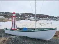  ?? GLEN WHIFFEN/THE TELEGRAM ?? One of Ron Mccarthy’s lighthouse­s sits in a boat in Goose Cove, near St. Anthony.