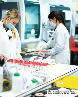  ??  ?? Staff at work processing Covid tests at the Royal Bolton Hospital