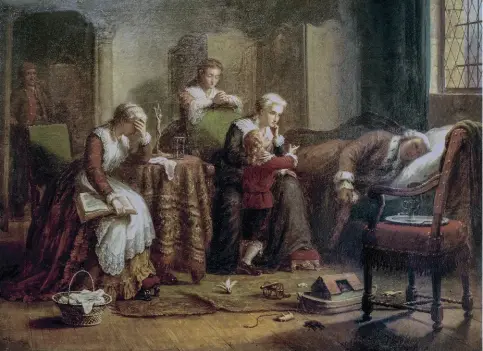  ??  ?? 1793 – Le roi Louis XVI et sa famille à la prison du Temple (xixe siècle), d’Edward Matthew Ward ; collection privée. Sous le règne de Louis XVI a pris fin la monarchie absolue de droit divin: certains y ont vu les effets de la malédictio­n lancée par Jacques de Molay, en 1314.