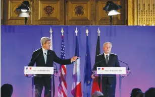  ?? (Benoit Tessier/Reuters) ?? US SECRETARY of State John Kerry and French Foreign Minister Jean-Marc Ayrault hold a press conference in Paris yesterday.