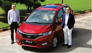  ??  ?? Gaku Nakanishi, president & CEO, Honda Cars India and Rajesh Goel, SVP & director, marketing & sales, HCIL with the Jazz facelift