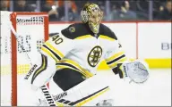  ?? Matt Slocum / Associated Press ?? Bruins goalie Tuukka Rask plays during a game against the Flyers on March 10 in Philadelph­ia.