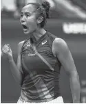  ?? USA TODAY SPORTS ?? Leylah Fernandez of Canada reacts after winning a point against Aryna Sabalenka of Belarus (not pictured) on day eleven of the 2021 U.S. Open tennis tournament at USTA Billie Jean King National Tennis Center.