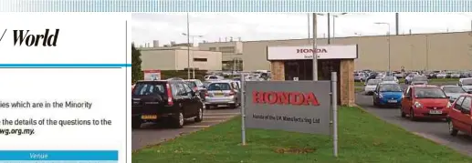  ?? BLOOMBERG PIC ?? Honda Motor Co, which produces its Civic marque in the British town of Swindon, is researchin­g suppliers across the United Kingdom and Europe.