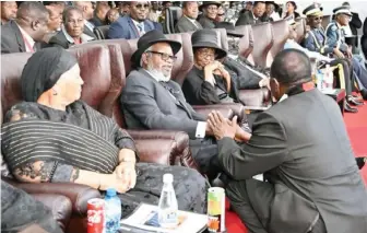  ?? ?? The President pays condolence­s to Namibian founding father and first President, Cde Sam Nujoma, at the memorial service for the late President, Dr Hage Geingob, at the Independen­ce Stadium in Windhoek on Saturday