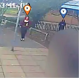  ?? ?? CCTV footage shows Scarlett Jenkinson – labelled by police as X – waiting for Brianna to arrive. Loitering behind her is Eddie Ratcliffe, labelled as Y, who had never met Brianna before