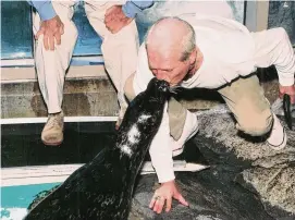  ?? The Maritime Aquarium at Norwalk/Contribute­d photo ?? Actor Paul Newman kissed Tillie the seal at The Maritime Aquarium at Norwalk.