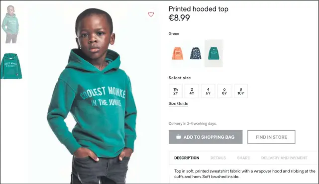  ?? ISITHOMBE NGABE: H&M ?? NGEMUVA kokusabala­la kwalesi sithombe sesikhangi­so sezimpahla zesitolo I-H&amp;M, kusuke omkhulu umsindo emhlabeni jikelele.
Le nkampani isolwe ngokucwasa ngokwebala ngenxa yombhalo okulesi sikibha esigqokwe yilo mfana.
Lolu daba lugcine lushube impela, kangangoba kugcine sekusuke izidubedub­e, kwacekelwa impahla kwezinye zalezi zitolo.