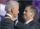  ?? Charles Dharapak/Associated Press ?? Then-Democratic vice presidenti­al candidate Sen. Joe Biden, D-Del., left, embraces his son Beau Biden on stage at the 2008 Democratic National Convention in Denver.