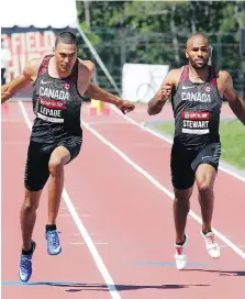  ?? PATRICK DOYLE ?? Pierce LePage wins the 100-metre dash during Day 1 of the decathlon at the Canadian Track and Field Championsh­ips in Ottawa on Tuesday. After five events, LePage leads the competitio­n with 4,330 points.