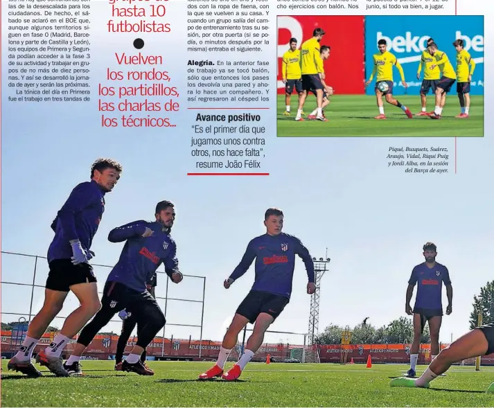  ??  ?? Piqué, Busquets, Suárez, Araujo, Vidal, Riqui Puig y Jordi Alba, en la sesión del Barça de ayer.