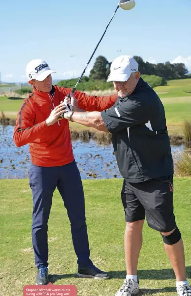  ??  ?? Stephen Mitchell works on his swing with PGA pro Greg Kerr.