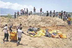  ??  ?? Rescatista­s llevan los cadáveres de las víctimas del terremoto y tsunami al entierro masivo en un campo en Palu, Indonesia.