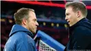  ??  ?? Wessen Team hat den längeren Atem? Bayern-Trainer Hansi Flick (l.) mit RBCoach Julian Nagelsmann (r.)