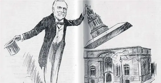  ?? ?? A cartoon showing Andrew Carnegie ‘opening’ the Central Reading Rooms, courtesy of Dundee University Archive Services. See left.