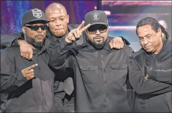  ?? Charles Sykes The Associated Press ?? In 2016, Rock and Roll Hall of Fame inductees from left : MC Ren, Dr. Dre, Ice Cube and DJ Yella from N.W.A. Hip-hop celebrated its 50th anniversar­y on Wednesday.